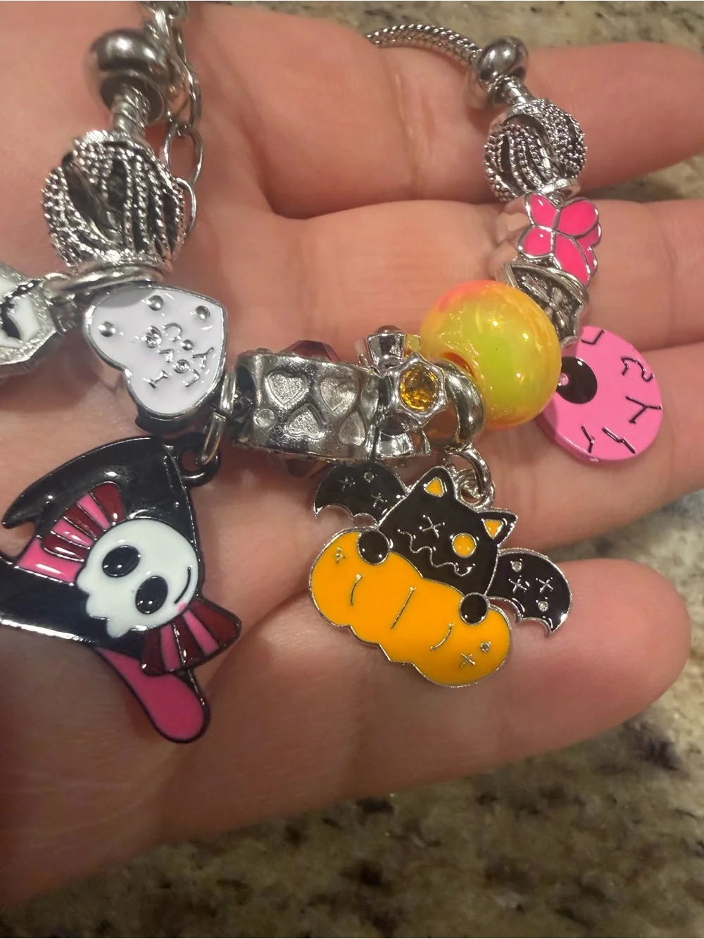 Kids Pink and Yellow Halloween Charm Bracelet - Cute Bat & Skull Charms